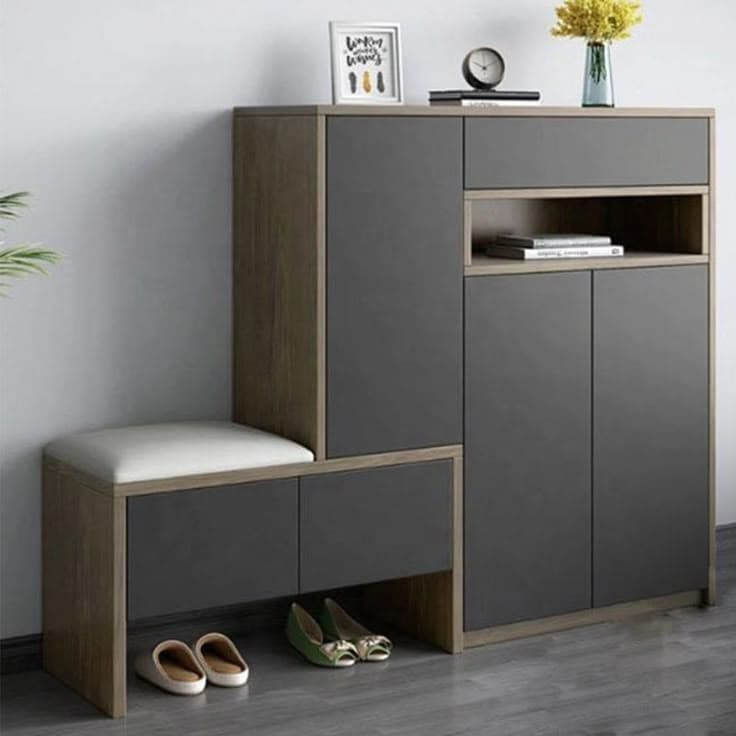 Modern wooden shoe rack with cushioned seat and storage